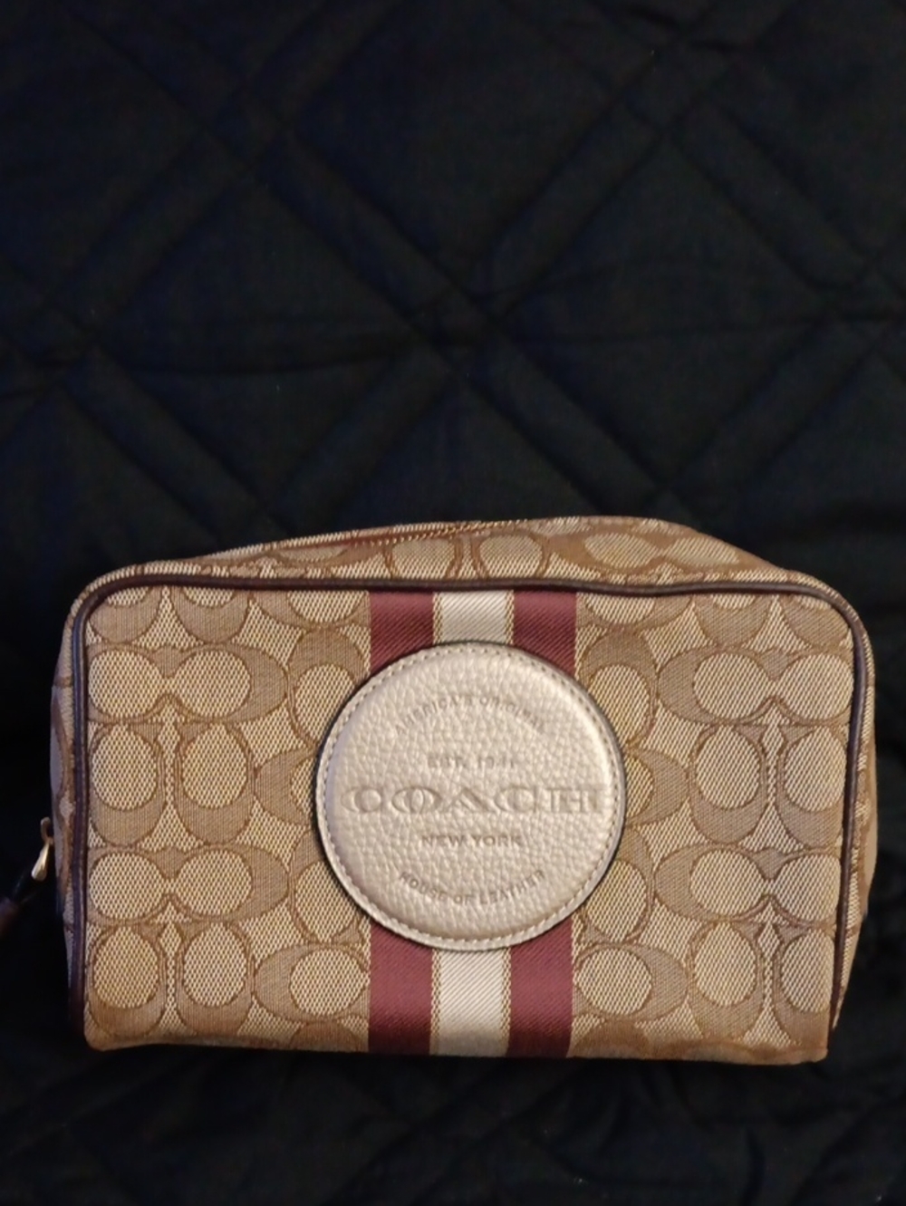 Coach Tan Signature Canvas Cosmetic Pouch with Burgundy and Cream Stripe